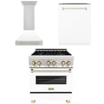 ZLINE Autograph Edition 30 in. Kitchen Package with Stainless Steel Dual Fuel Range with White Matte Door, Range Hood and Dishwasher with Polished Gold Accents (3AKP-RAWMRHDWM30-G)