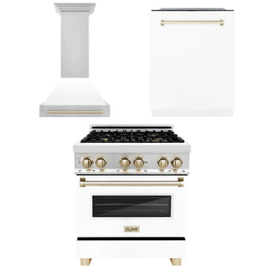 ZLINE Autograph Edition 30 in. Kitchen Package with Stainless Steel Dual Fuel Range with White Matte Door, Range Hood and Dishwasher with Polished Gold Accents (3AKP-RAWMRHDWM30-G)