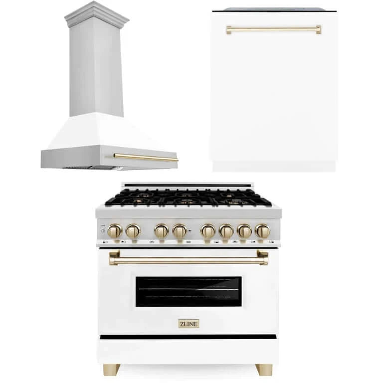 ZLINE Autograph Edition 36 in. Kitchen Package with Stainless Steel Dual Fuel Range with White Matte Door, Range Hood and Dishwasher with Polished Gold Accents (3AKP-RAWMRHDWM36-G)