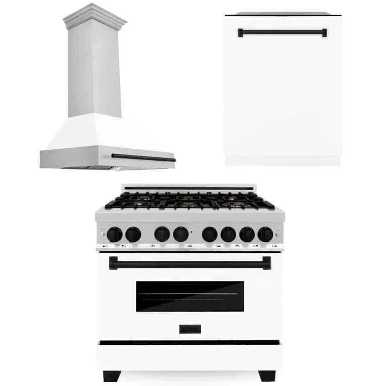 ZLINE Autograph Edition 36 in. Kitchen Package with Stainless Steel Dual Fuel Range with White Matte Door, Range Hood and Dishwasher with Matte Black Accents (3AKP-RAWMRHDWM36-MB)