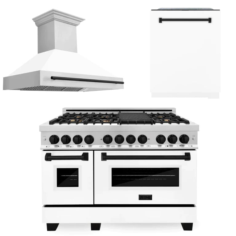 ZLINE Autograph Edition 48 in. Kitchen Package with Stainless Steel Dual Fuel Range with White Matte Door, Range Hood and Dishwasher with Matte Black Accents (3AKP-RAWMRHDWM48-MB)