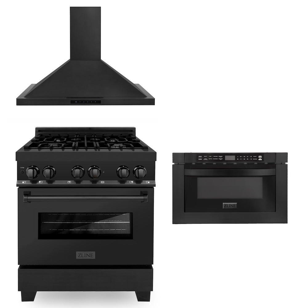 ZLINE 30 in. Kitchen Package with Black Stainless Steel Dual Fuel Range, Convertible Vent Range Hood and Microwave Drawer (3KP-RABRH30-MW)