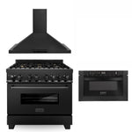 ZLINE 36 in. Kitchen Package with Black Stainless Steel Dual Fuel Range, Convertible Vent Range Hood and Microwave Drawer (3KP-RABRH36-MW)