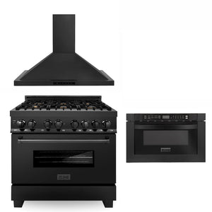 ZLINE 36 in. Kitchen Package with Black Stainless Steel Dual Fuel Range, Convertible Vent Range Hood and Microwave Drawer (3KP-RABRH36-MW)