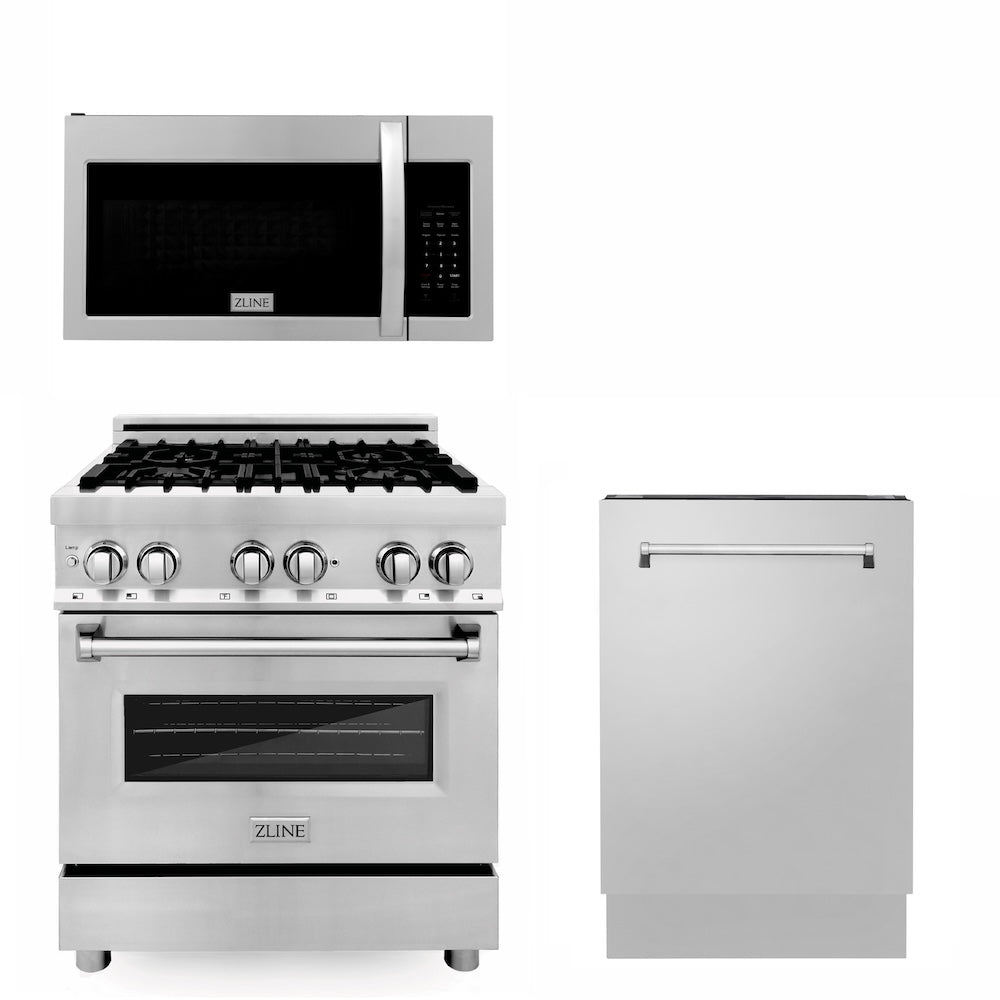 ZLINE 30 in. Kitchen Package with Stainless Steel Dual Fuel Range, Modern Over The Range Microwave and Tall Tub Dishwasher (3KP-RAOTR30-DWV)