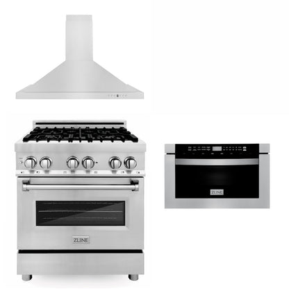 ZLINE 30 in. Kitchen Package with Stainless Steel Dual Fuel Range, Convertible Vent Range Hood and Microwave Drawer (3KP-RARH30-MW)