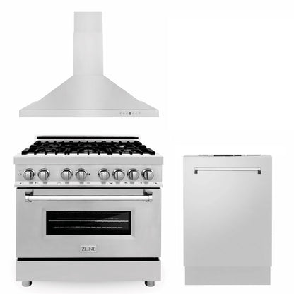 ZLINE 36 in. Kitchen Package with Stainless Steel Dual Fuel Range, Convertible Vent Range Hood and Dishwasher (3KP-RARH36-DW)