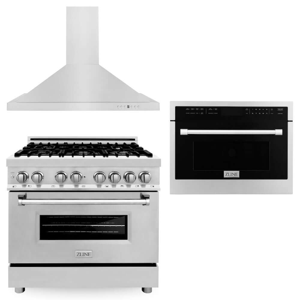 ZLINE 36 in. Kitchen Package with Stainless Steel Dual Fuel Range, Convertible Vent Range Hood and 24 in. Microwave Oven (3KP-RARHMWO-36)