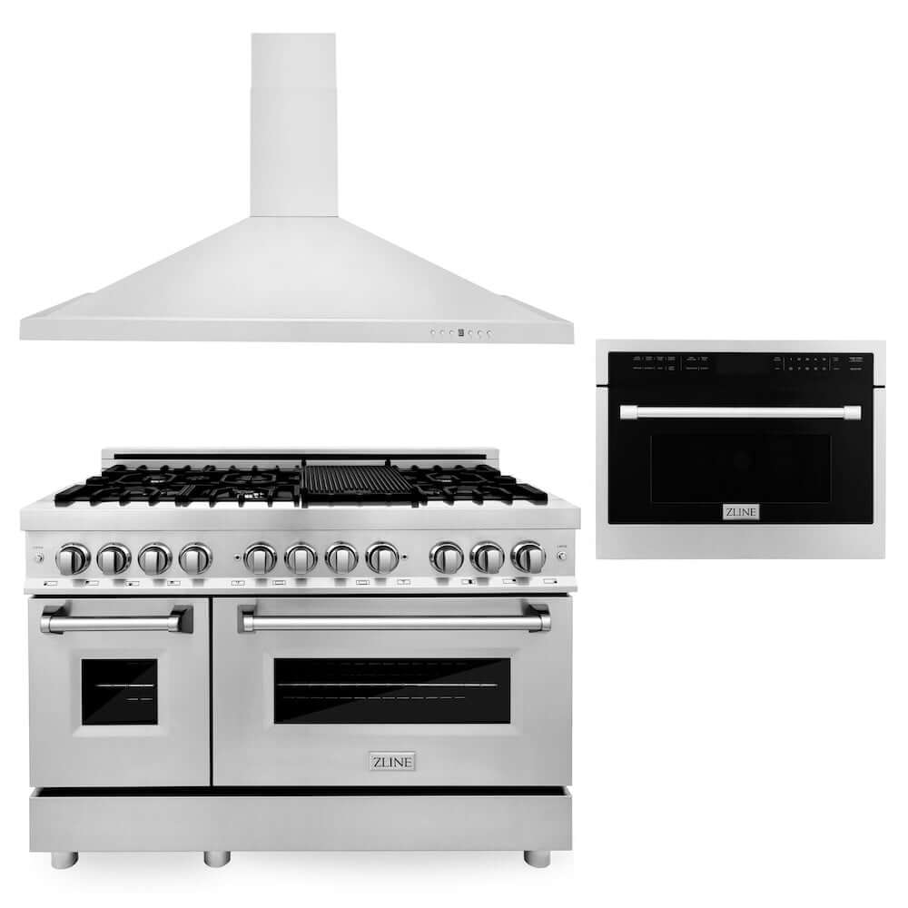 ZLINE 48 in. Kitchen Package with Stainless Steel Dual Fuel Range, Convertible Vent Range Hood and 24 in. Microwave Oven (3KP-RARHMWO-48)