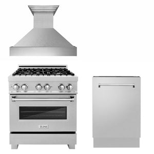 ZLINE 30 in. Kitchen Package with Satin Stainless Dual Fuel Range, Ducted Vent Range Hood and Tall Tub Dishwasher (3KP-RASRH30-DWV)