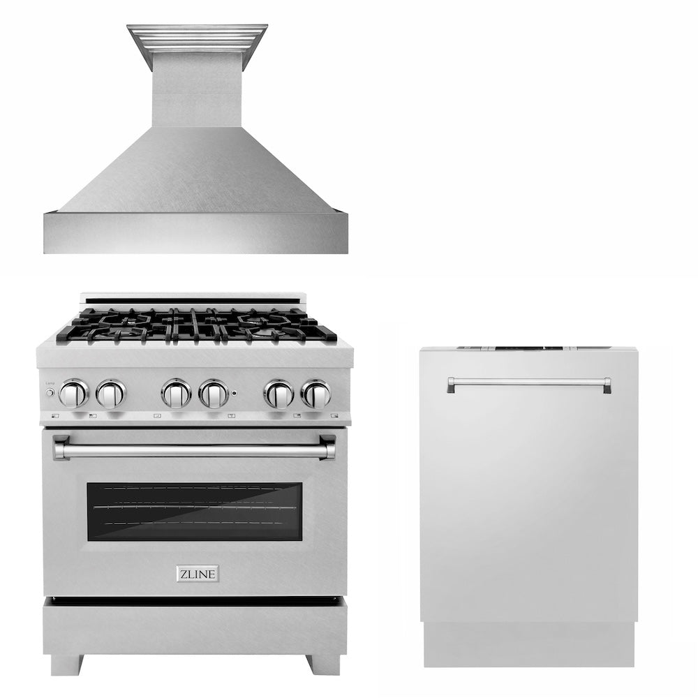 ZLINE 30 in. Kitchen Package with Satin Stainless Dual Fuel Range, Ducted Vent Range Hood and Dishwasher (3KP-RASRH30-DW)