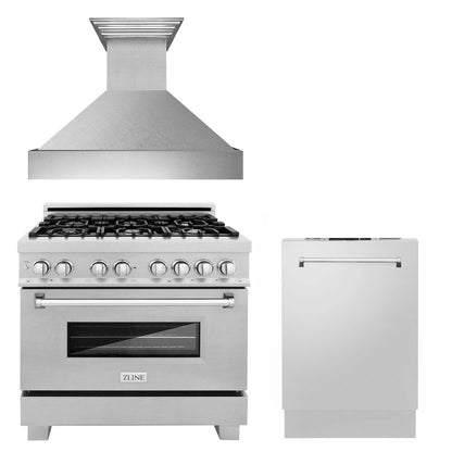 ZLINE 36 in. Kitchen Package with Satin Stainless Dual Fuel Range, Ducted Vent Range Hood and Dishwasher (3KP-RASRH36-DW)