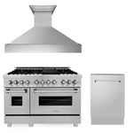 ZLINE 48 in. Kitchen Package with Satin Stainless Dual Fuel Range, Ducted Vent Range Hood and Tall Tub Dishwasher (3KP-RASRH48-DWV)
