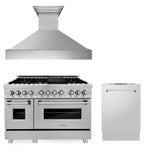 ZLINE 48 in. Kitchen Package with Satin Stainless Dual Fuel Range, Ducted Vent Range Hood and Dishwasher (3KP-RASRH48-DW)