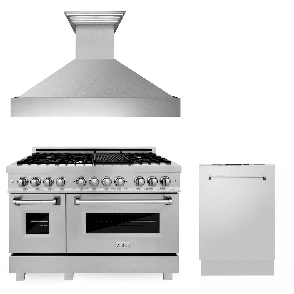 ZLINE 48 in. Kitchen Package with Satin Stainless Dual Fuel Range, Ducted Vent Range Hood and Dishwasher (3KP-RASRH48-DW)
