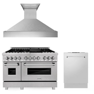 ZLINE 48 in. Kitchen Package with Satin Stainless Dual Fuel Range, Ducted Vent Range Hood and Dishwasher (3KP-RASRH48-DW)