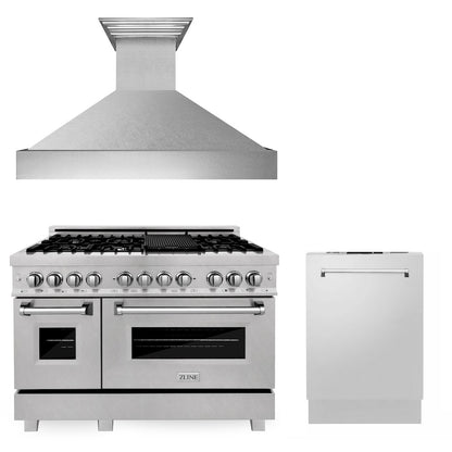 ZLINE 48 in. Kitchen Package with Satin Stainless Dual Fuel Range, Ducted Vent Range Hood and Dishwasher (3KP-RASRH48-DW)