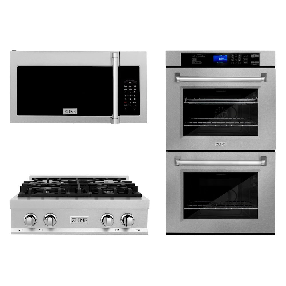 ZLINE Kitchen Package with 30 in. Satin Stainless Steel Rangetop, 30 in. Over The Range Microwave with Modern Handle and Double Wall Oven (3KP-RTSOTR30-AWD)