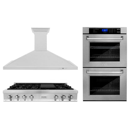 ZLINE Kitchen Package with 48 in. Satin Stainless Steel Rangetop, 48 in. Convertible Range Hood and Double Wall Oven (3KP-RTSRH48-AWD)
