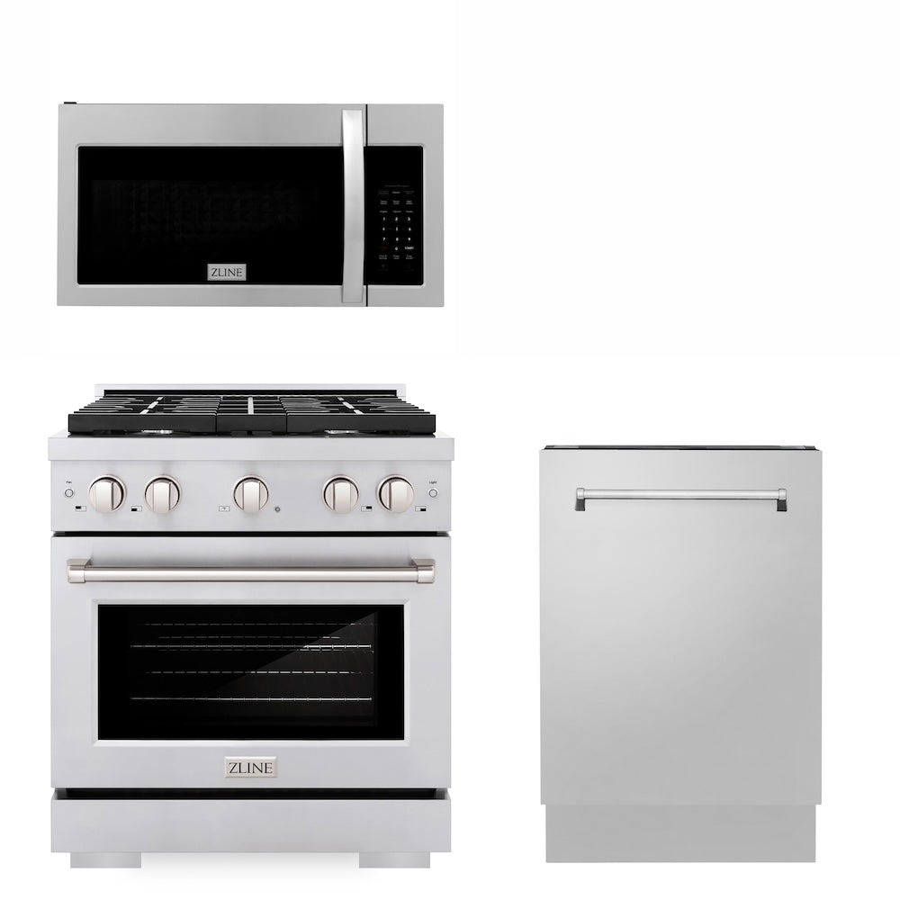 ZLINE 30 in. Kitchen Package with Stainless Steel Gas Range, Modern Over The Range Microwave and Tall Tub Dishwasher (3KP-SGROTR30-DWV)