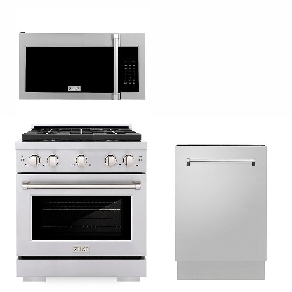 ZLINE 30 in. Kitchen Package with Stainless Steel Gas Range, Traditional Over The Range Microwave and Tall Tub Dishwasher (3KP-SGROTRH30-DWV)