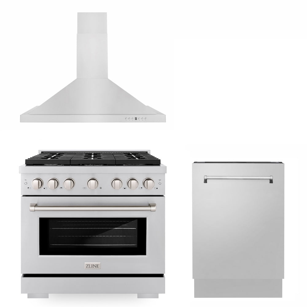 ZLINE 36 in. Kitchen Package with Stainless Steel Gas Range, Convertible Vent Range Hood and Tall Tub Dishwasher (3KP-SGRRH36-DWV)