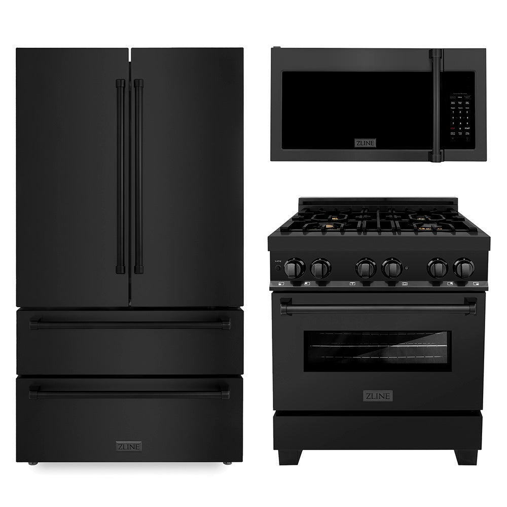 ZLINE Kitchen Package with Black Stainless Steel Refrigeration, 30 in. Dual Fuel Range and 30 in. Traditional Over the Range Microwave (3KPR-RABOTRH30)