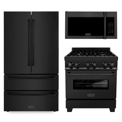 ZLINE Kitchen Package with Black Stainless Steel Refrigeration, 30 in. Dual Fuel Range and 30 in. Traditional Over the Range Microwave (3KPR-RABOTRH30)