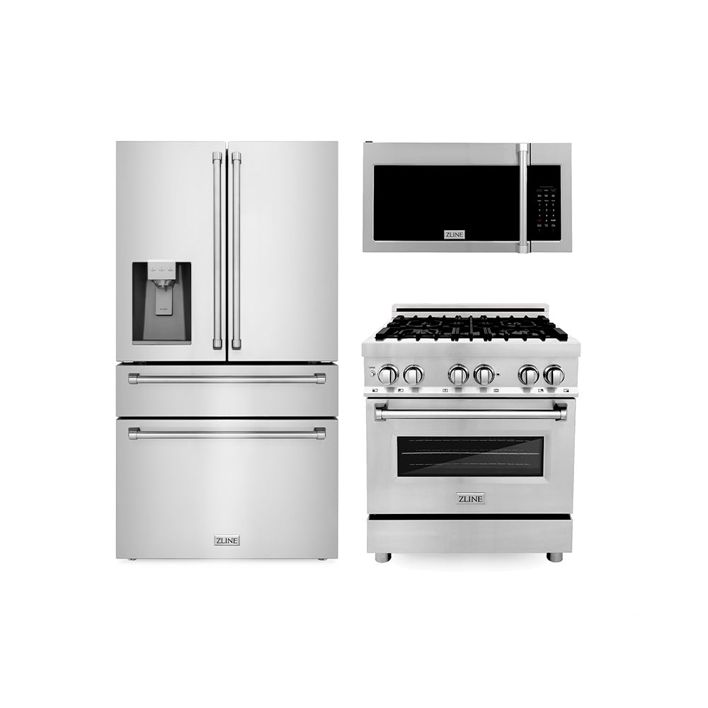 ZLINE Kitchen Package with Water and Ice Dispenser Refrigerator, 30 in. Dual Fuel Range and 30 in. Over the Range Microwave (3KPRW-RAOTRH30)