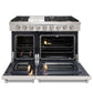 KOSTCH 48 in. 6 Burner Gas Range with 6.8 cu. ft. Double Oven and Griddle in Stainless Steel with White Oven Doors (KOS-48RG03M-W) front, with open doors on a white background