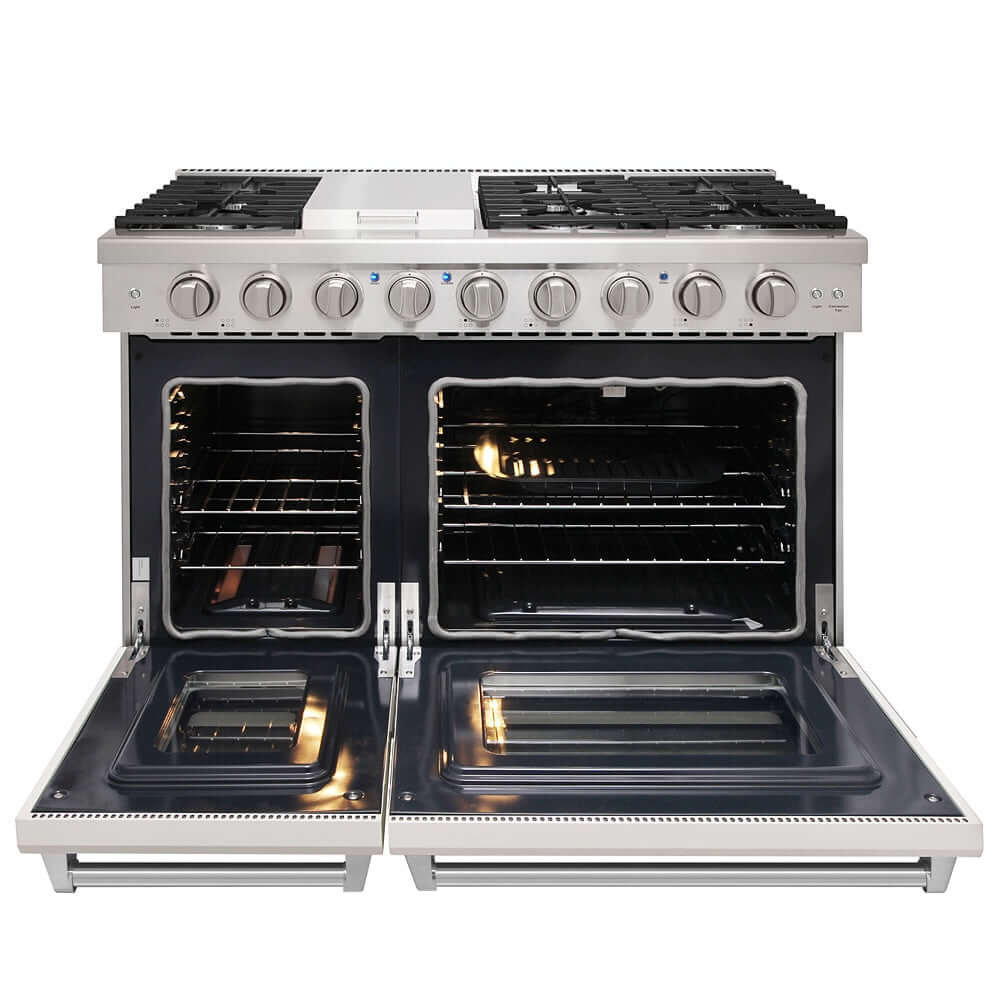 KOSTCH 48 in. Liquid Propane 6 Burner Gas Range with 6.8 cu. ft. Double Oven and Griddle in Stainless Steel with White Oven Doors (KOS-48RG03MLP-W)