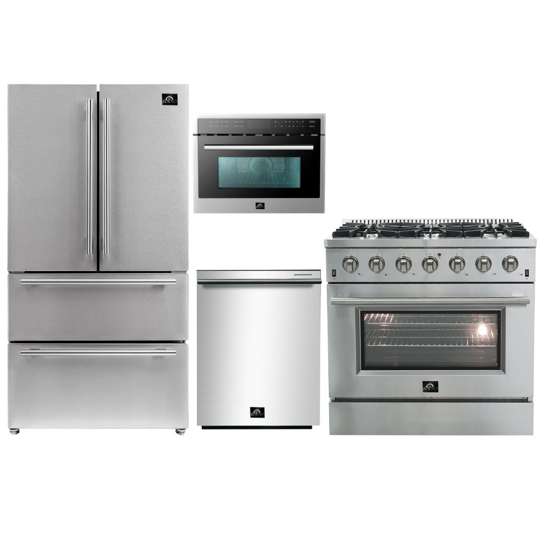 Forno 4-Piece Stainless Steel Appliance Package - with 36 in. French Door Refrigerator, 36 in. All Gas Range, 24 in. Built-In Microwave Oven, and 24 in. Tall Tub Dishwasher (4AP-FFSGS6240-36)