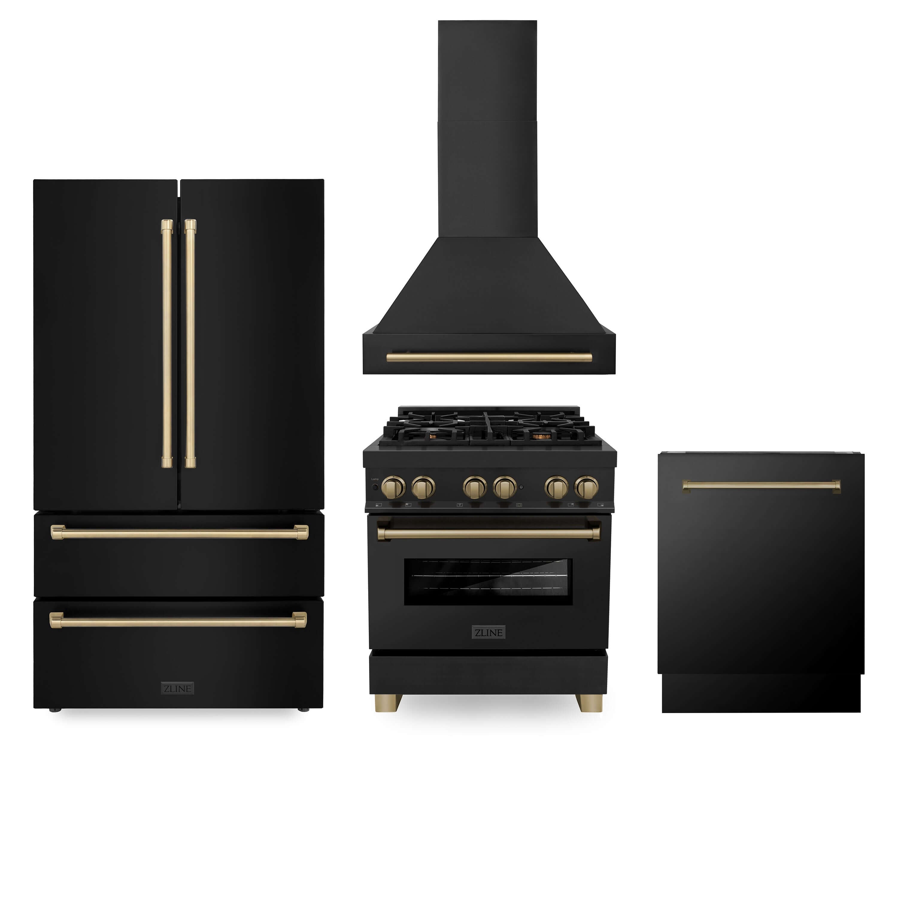ZLINE 4-Piece Autograph Edition Black Stainless Steel Kitchen Package with Range, Range Hood, Dishwasher, and French Door Refrigerator with matching Champagne Bronze accents.