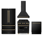 ZLINE Autograph Edition 30 in. Kitchen Package with Black Stainless Steel Dual Fuel Range, Range Hood, Dishwasher and Refrigeration with Champagne Bronze Accents (4AKPR-RABRHDWV30-CB)