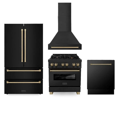 ZLINE Autograph Edition 30 in. Kitchen Package with Black Stainless Steel Dual Fuel Range, Range Hood, Dishwasher and Refrigeration with Champagne Bronze Accents (4AKPR-RABRHDWV30-CB)