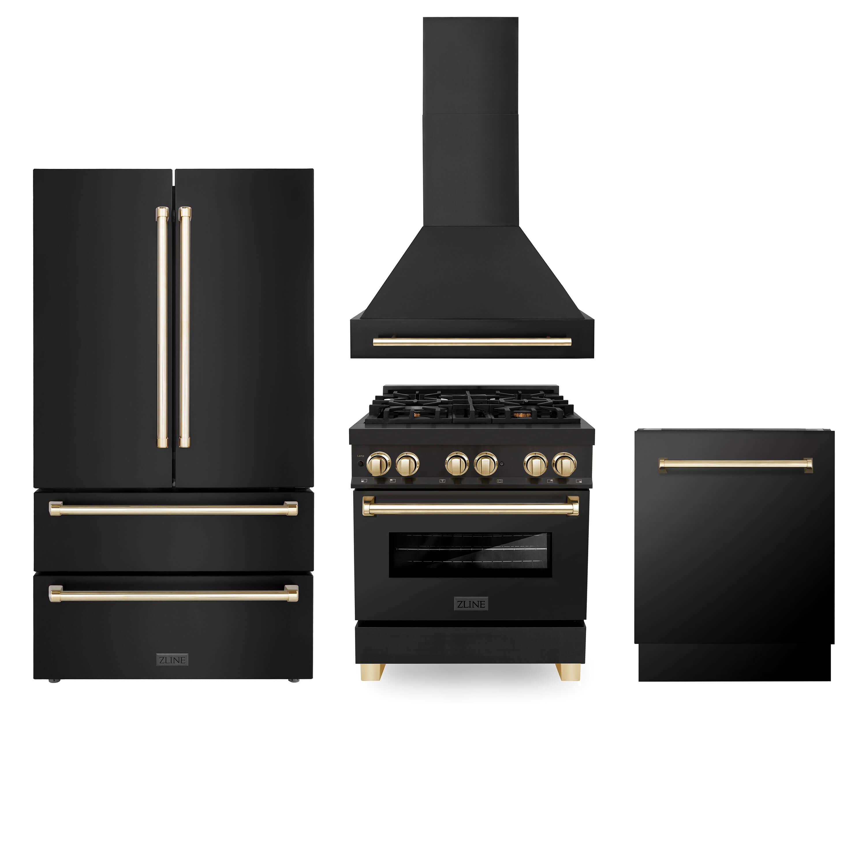 ZLINE 4-Piece Autograph Edition Black Stainless Steel Kitchen Package with Range, Range Hood, Dishwasher, and French Door Refrigerator with matching Polished Gold accents.