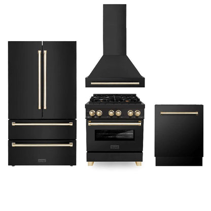 ZLINE Autograph Edition 30 in. Kitchen Package with Black Stainless Steel Dual Fuel Range, Range Hood, Dishwasher and Refrigeration with Polished Gold Accents (4AKPR-RABRHDWV30-G)