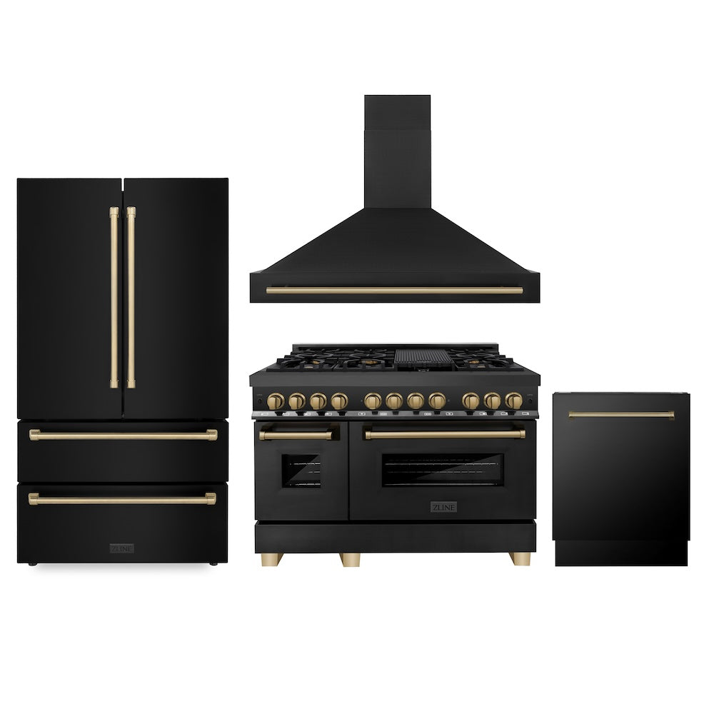 ZLINE 48 in. Autograph Edition Kitchen Package with Black Stainless Steel Dual Fuel Range, Range Hood, Dishwasher and Refrigeration with Champagne Bronze Accents (4AKPR-RABRHDWV48-CB)