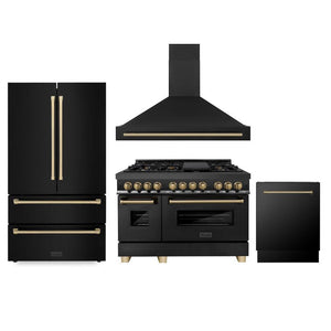 ZLINE Autograph Edition 48 in. Kitchen Package with Black Stainless Steel Dual Fuel Range, Range Hood, Dishwasher and Refrigeration with Champagne Bronze Accents (4AKPR-RABRHDWV48-CB)