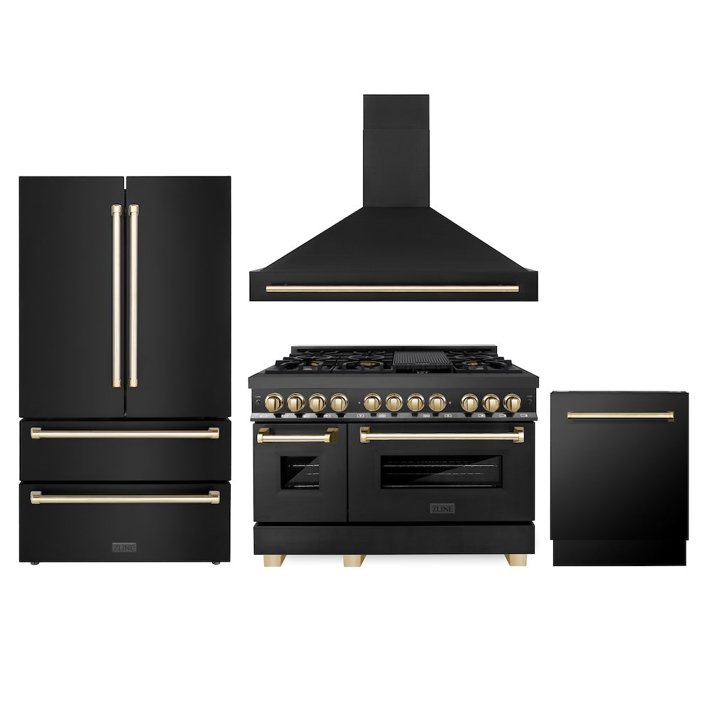 ZLINE 48 in. Autograph Edition Kitchen Package with Black Stainless Steel Dual Fuel Range, Range Hood, Dishwasher and Refrigeration with Polished Gold Accents (4AKPR-RABRHDWV48-G)