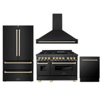 ZLINE Autograph Edition 48 in. Kitchen Package with Black Stainless Steel Dual Fuel Range, Range Hood, Dishwasher and Refrigeration with Polished Gold Accents (4AKPR-RABRHDWV48-G)