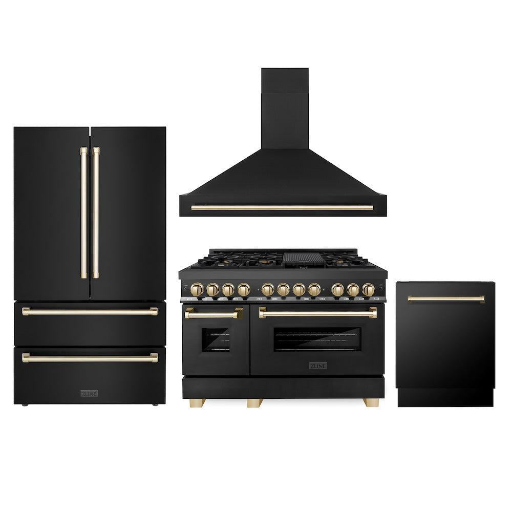 ZLINE Autograph Edition 48 in. Kitchen Package with Black Stainless Steel Dual Fuel Range, Range Hood, Dishwasher and Refrigeration with Polished Gold Accents (4AKPR-RABRHDWV48-G)