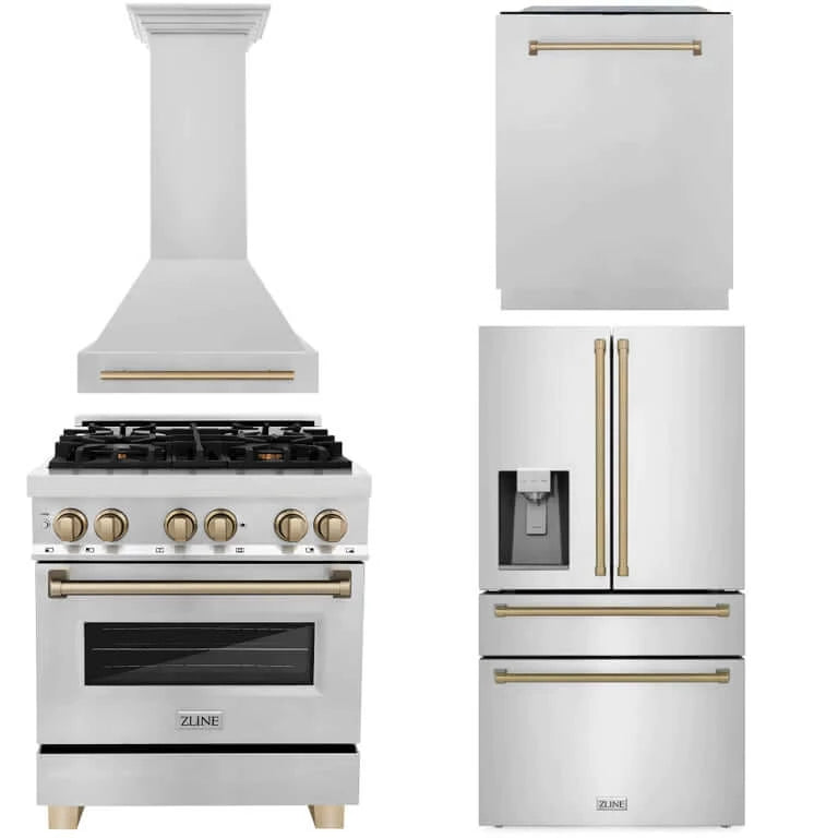 ZLINE Autograph Edition 30 in. Kitchen Package with Stainless Steel Dual Fuel Range, Range Hood, Dishwasher and Refrigeration with Champagne Bronze Accents (4AKPR-RARHDWM30-CB)