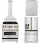 ZLINE Autograph Edition 30 in. Kitchen Package with Stainless Steel Dual Fuel Range, Range Hood, Dishwasher and Refrigeration with Polished Gold Accents (4AKPR-RARHDWM30-G)