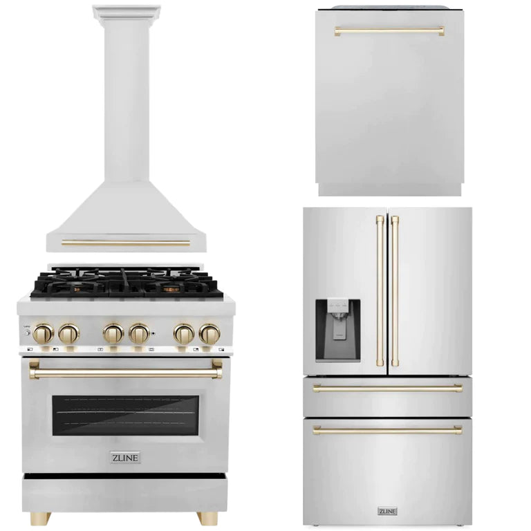 ZLINE Autograph Edition 30 in. Kitchen Package with Stainless Steel Dual Fuel Range, Range Hood, Dishwasher and Refrigeration with Polished Gold Accents (4AKPR-RARHDWM30-G)
