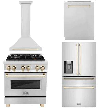 ZLINE Autograph Edition 30 in. Kitchen Package with Stainless Steel Dual Fuel Range, Range Hood, Dishwasher and Refrigeration with Polished Gold Accents (4AKPR-RARHDWM30-G)