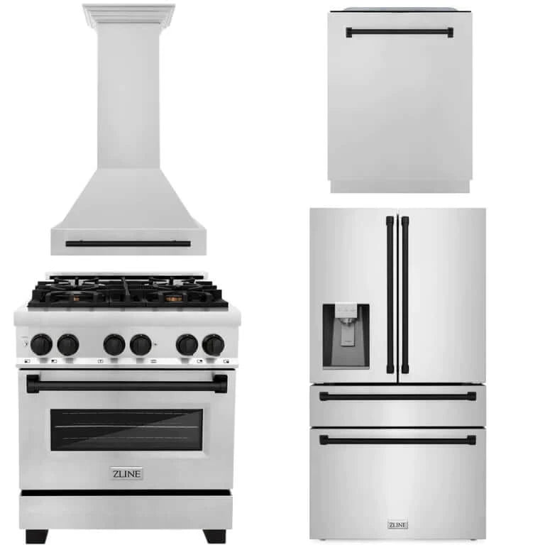 ZLINE 4-Piece Autograph Edition Stainless Steel Kitchen Package with Range, Range Hood, Dishwasher, and French Door Refrigerator with matching Matte Black accents.