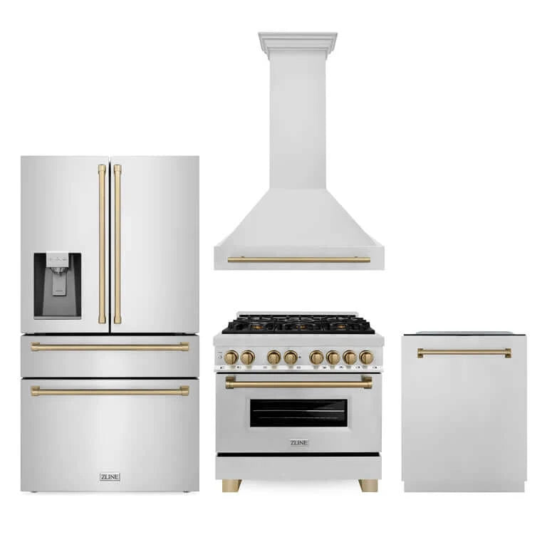 ZLINE 4-Piece Autograph Edition Stainless Steel Kitchen Package with Range, Range Hood, Dishwasher, and French Door Refrigerator with matching Champagne Bronze accents.