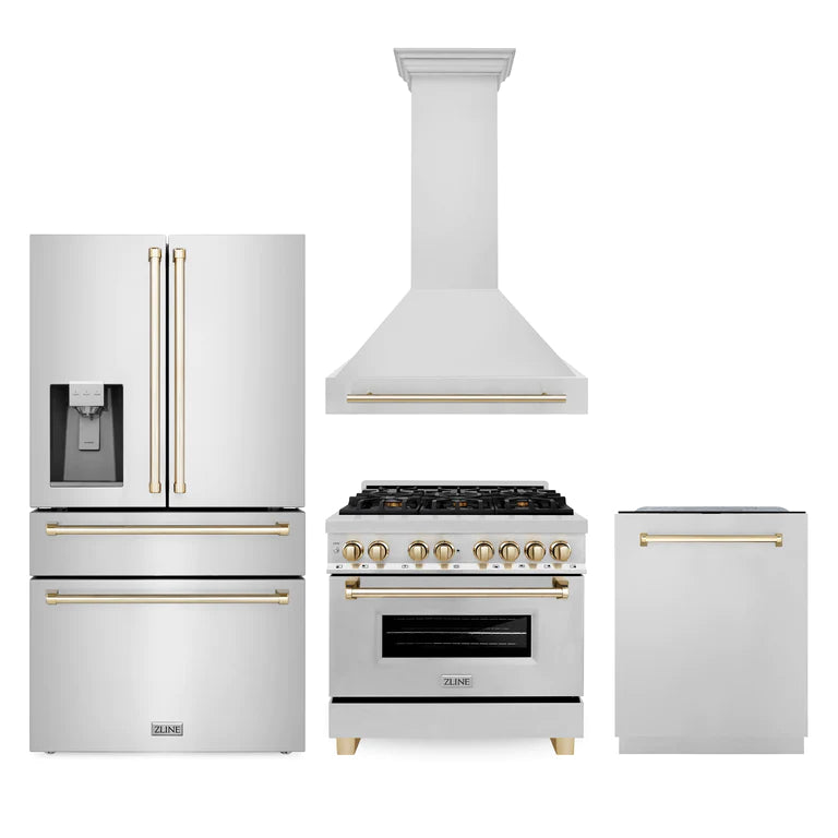 ZLINE Autograph Edition 36 in. Kitchen Package with Stainless Steel Dual Fuel Range, Range Hood, Dishwasher and Refrigeration with Polished Gold Accents (4AKPR-RARHDWM36-G)