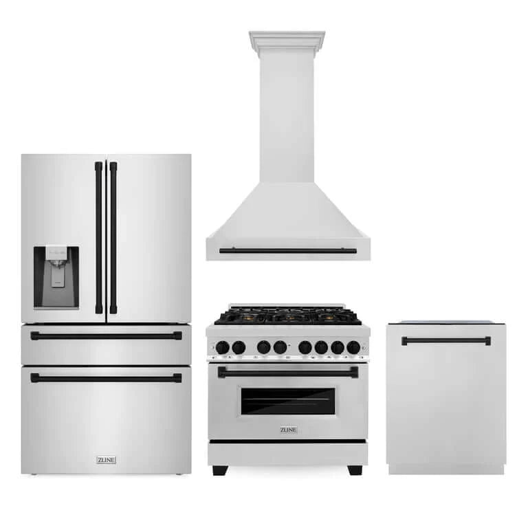 ZLINE Autograph Edition 36 in. Kitchen Package with Stainless Steel Dual Fuel Range, Range Hood, Dishwasher and Refrigeration with Matte Black Accents (4AKPR-RARHDWM36-MB)